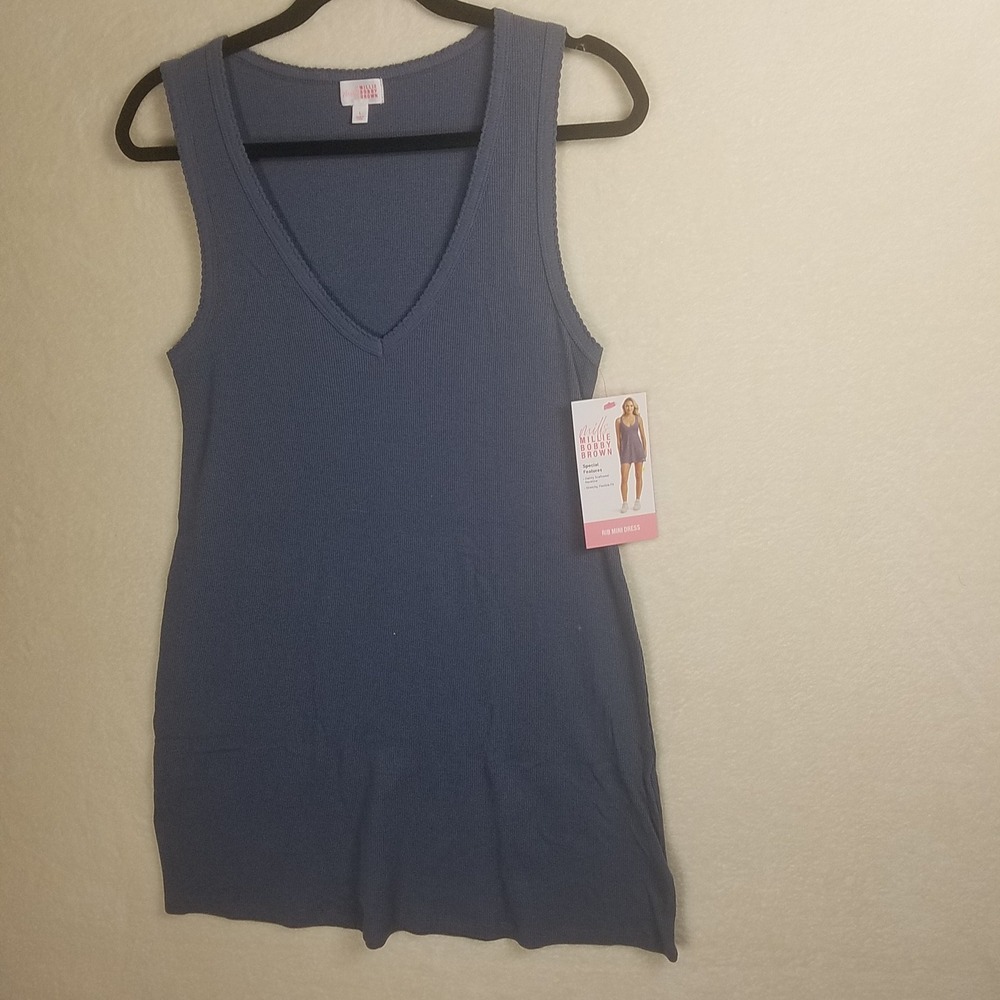 Florence by Mills Rib Mini Dress Women Large Blue NEW Scalloped V-Neck Tank